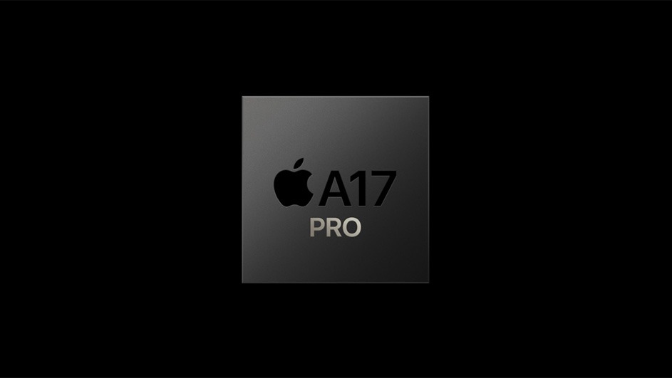 Puce grise "A17 PRO" avec logo Apple sur fond noir.