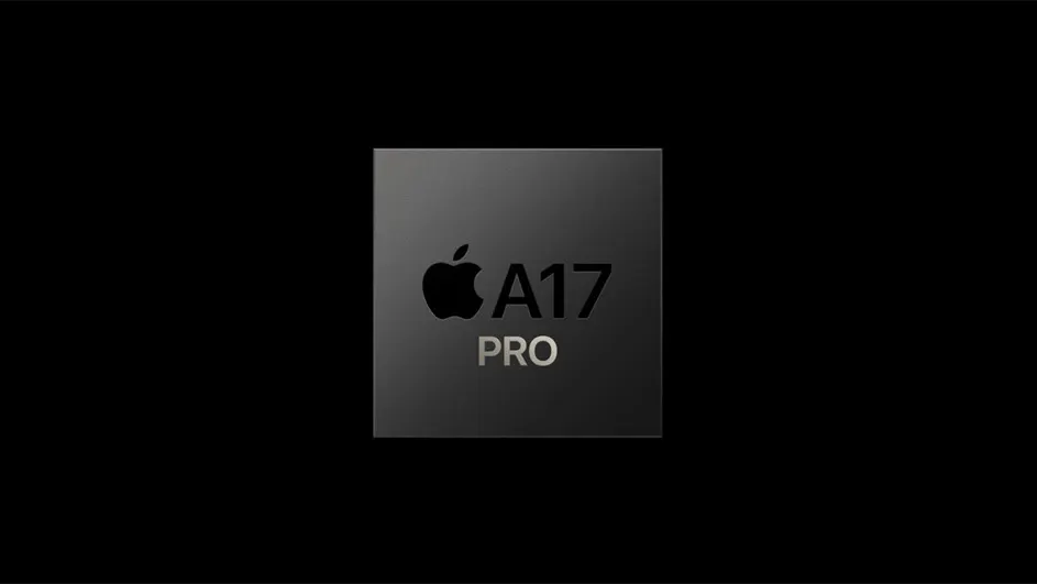 Puce grise "A17 PRO" avec logo Apple sur fond noir.