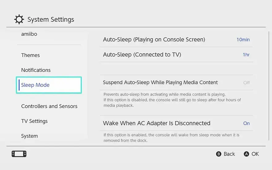 Systeeminstellingen scherm met slaapmodusopties, inclusief auto-slaap en activeren bij loskoppelen van netadapter.