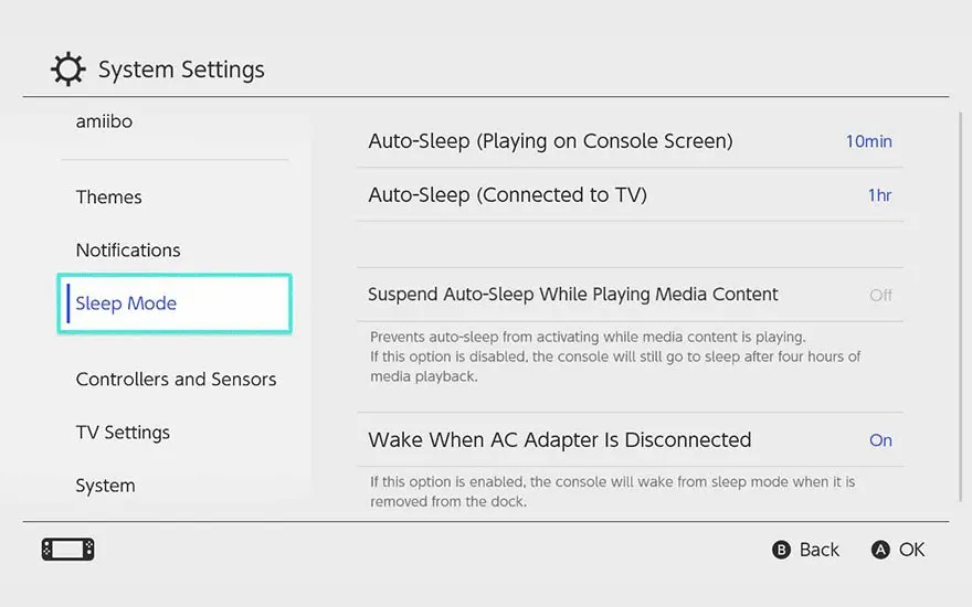 Menu des paramètres système affichant les options de veille, dont mise en veille auto et réveil quand l’adaptateur est retiré. 