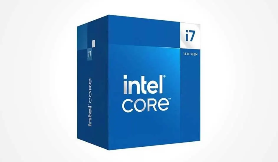 Blue Intel Core box with large white logo, i7 badge on top right and “14th Gen” label, standing against a white background.