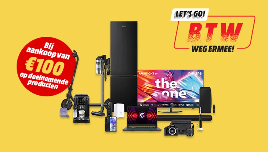 Gele achtergrond met elektronische apparaten zoals een koelkast, stofzuiger, laptop en camera. Promotie "BTW weg ermee!".