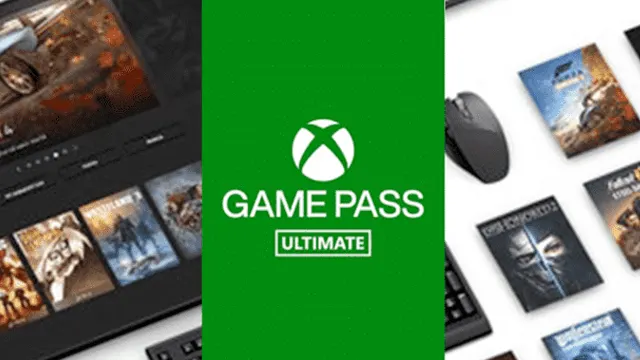 Le logo vert Xbox Game Pass Ultimate entouré d'un écran de jeu, d'une souris, d'un clavier et de jaquettes de jeux.