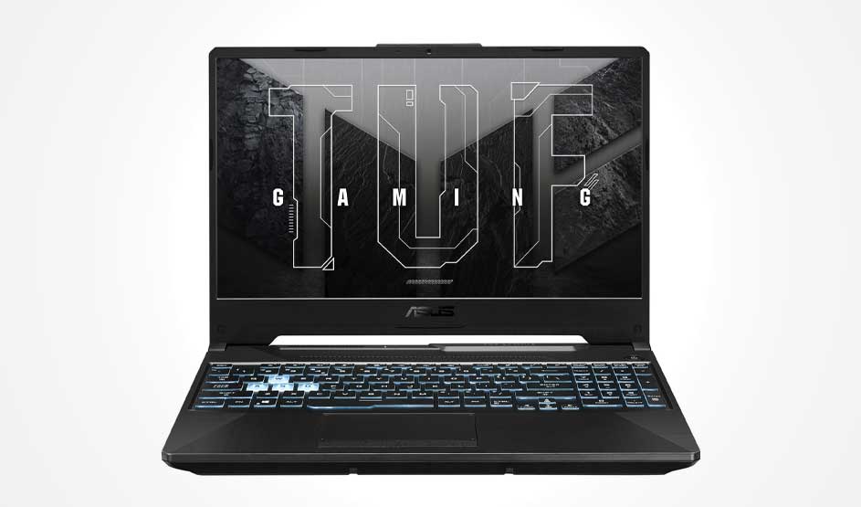A black ASUS TUF gaming laptop is open on a white background; the screen reads “TUF GAMING”, and the keyboard has blue backlighting.