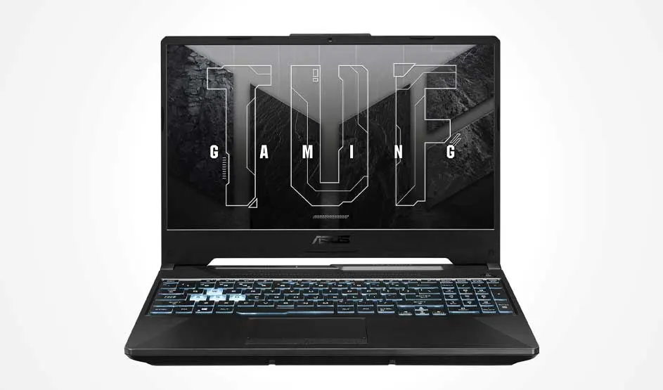 Een zwarte ASUS TUF-gaminglaptop staat open op witte achtergrond; op het scherm “TUF GAMING”, toetsenbord met blauwe verlichting.