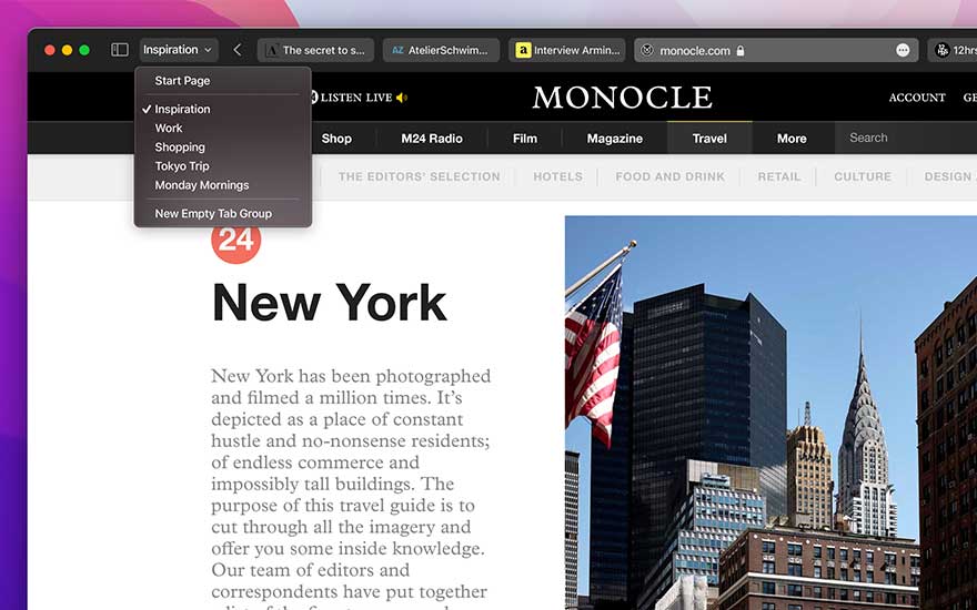 Un navigateur web affiche un article de Monocle sur New York, avec onglets et menu déroulant ouverts. Gratte-ciel visibles.