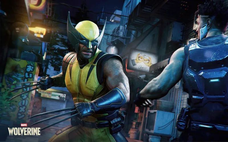 Een stedelijke confrontatie: Wolverine in geel kostuum en masker, klauwen vooruit, gespierde houding terwijl hij een gewapende tegenstander aanvalt.