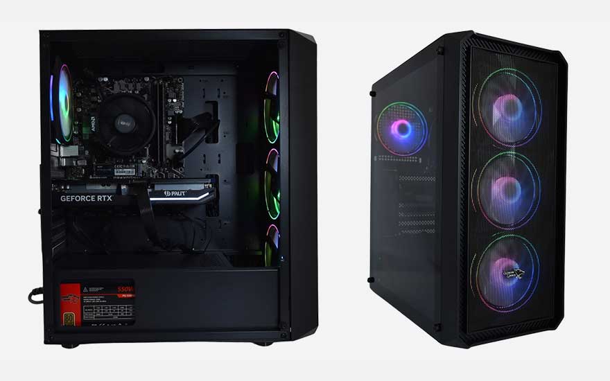 Twee zwarte gaming-PC's: links een open behuizing met GeForce RTX kaart en RGB-koeling, rechts een gesloten tower met drie grote RGB-ventilatoren.