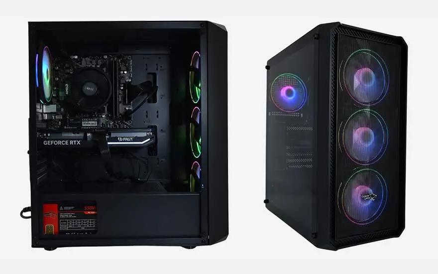 Deux PC gaming noirs : à gauche un boîtier ouvert avec carte GeForce RTX et refroidissement RGB, à droite une tour fermée avec trois gros ventilateurs RGB.