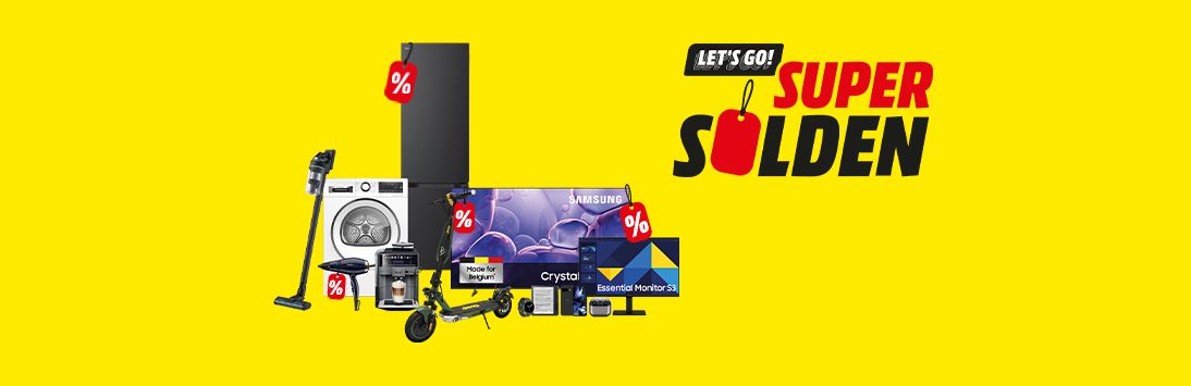 Super Soldes promotiebanner met elektronica op gele achtergrond.