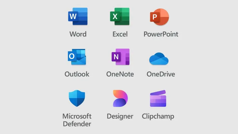 L'image présente des icônes d'applications Microsoft : Word, Excel, PowerPoint, Outlook, OneNote, OneDrive, Defender, Designer et Clipchamp sur fond blanc.