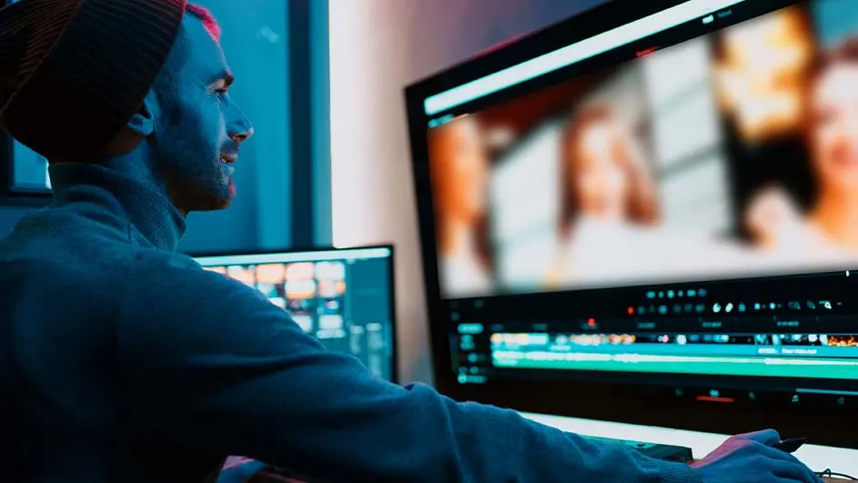 Een blauw getinte scène met twee computerschermen waarop videobewerkingssoftware te zien is.