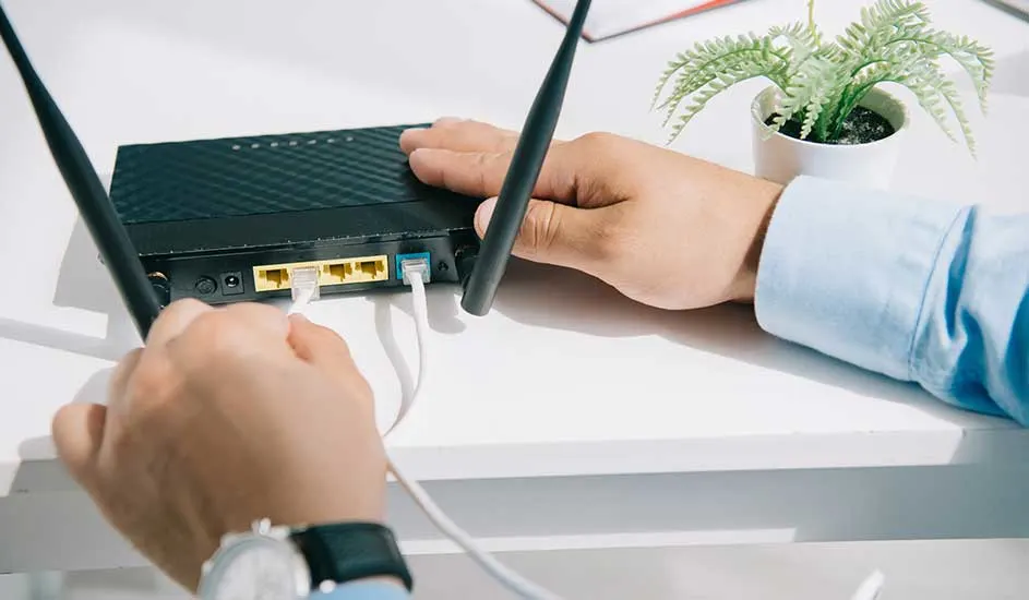 Un routeur noir avec des antennes est connecté avec un câble blanc. Une plante verte est visible en arrière-plan.