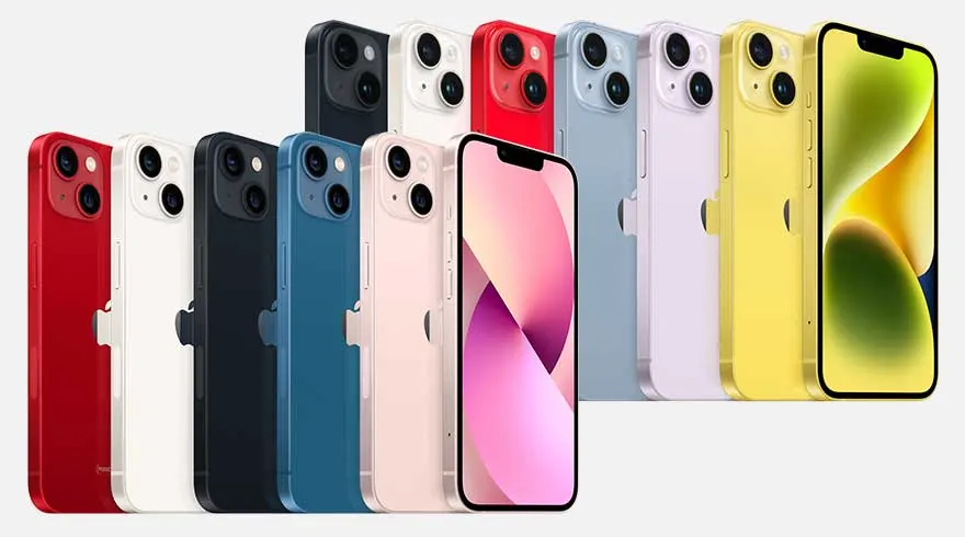Rode, witte, zwarte, blauwe, roze, gele en paarse iPhones staan op een rij. Sommige schermen tonen een gekleurd patroon.