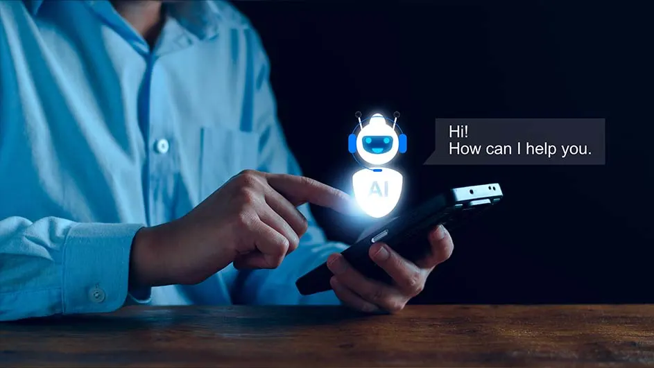 Un homme utilise un smartphone affichant un robot d'IA et un message demandant de l'aide sur une table en bois.