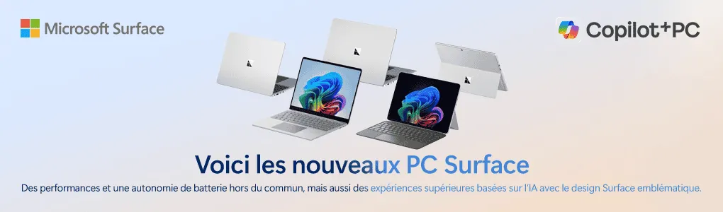 Microsoft Surface montrant nouveaux ordinateurs portables avec écrans colorés, texte sur vitesse et IA, logo Copilot+PC.