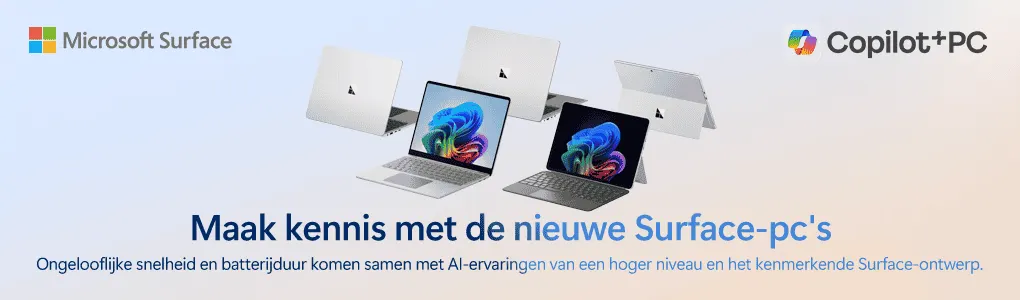 Microsoft Surface toont nieuwe laptops met kleurrijke schermen, tekst over snelheid en AI-functies, Copilot+PC logo zichtbaar.