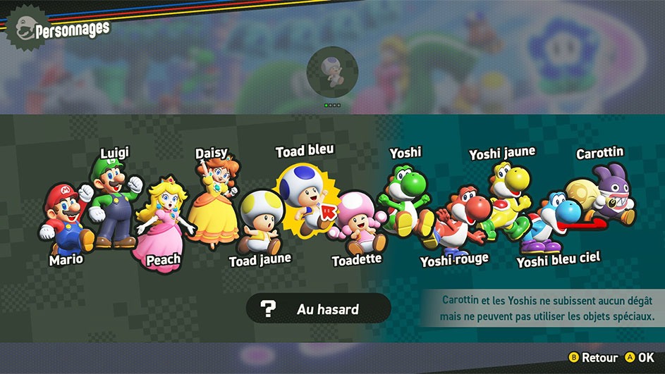 Menu de sélection des personnages de Mario Kart. Onze personnages sont affichés, dont Mario, Luigi, Peach et Yoshi.