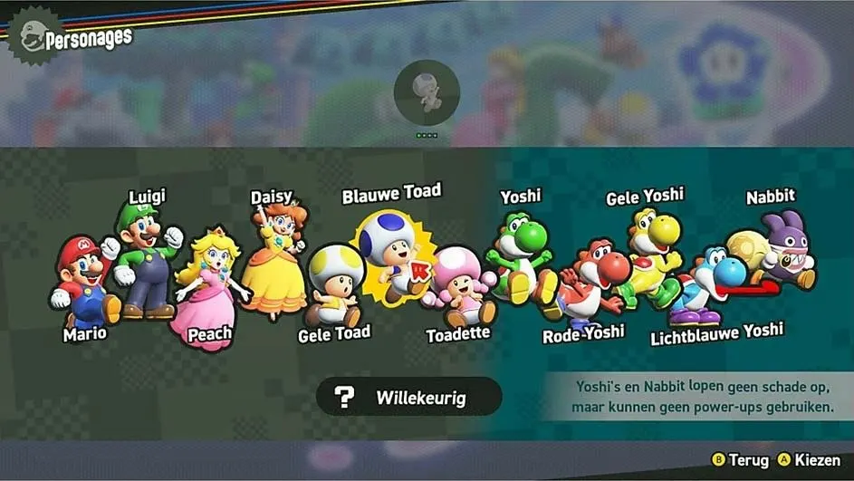 Het beeld toont een selectiescherm voor personages in een videogame, met Mario, Luigi, Peach, Daisy, Toads, Yoshi's en Nabbit.