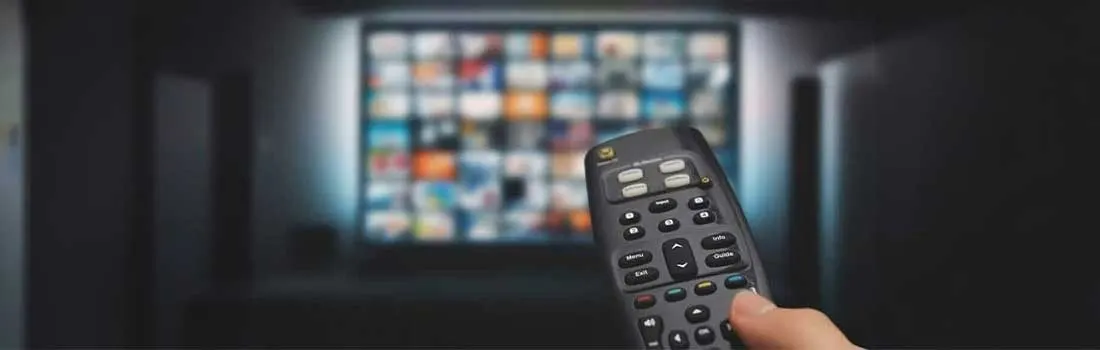 A remote control points at a television. The screen displays multiple images on a dark gray background.