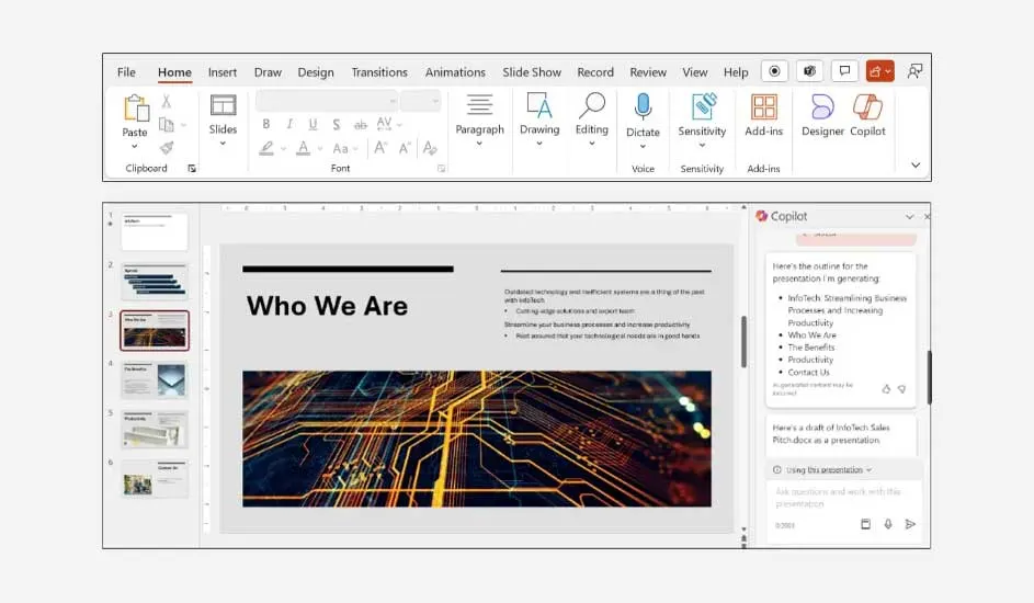 Screenshot van een PowerPoint-scherm met het tabblad 'Home' open en de dia 'Wie we zijn' in het midden.