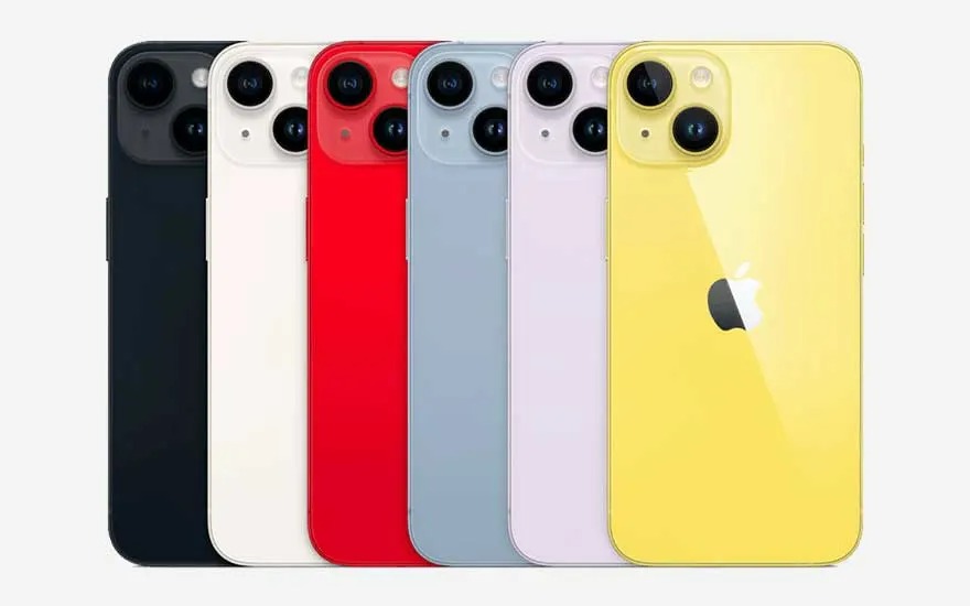 Rij van iPhones in zwart, wit, rood, blauw, lila en geel. Ze hebben elk een Apple logo.