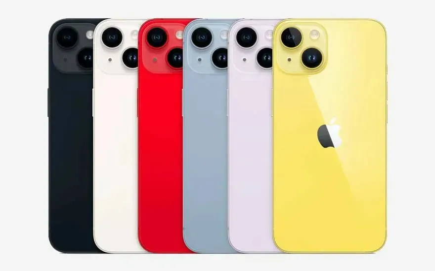 Rij van iPhones in zwart, wit, rood, blauw, lila en geel. Ze hebben elk een Apple logo.
