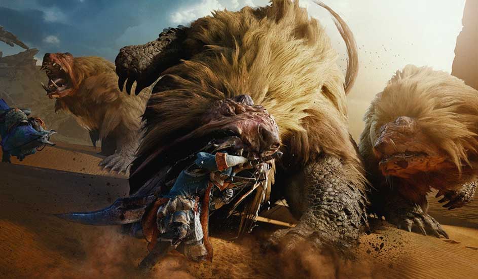 Gros monstres fauves dans un désert poussiéreux, l'un rugissant, un autre attaqué. Ciel nuageux en arrière-plan.