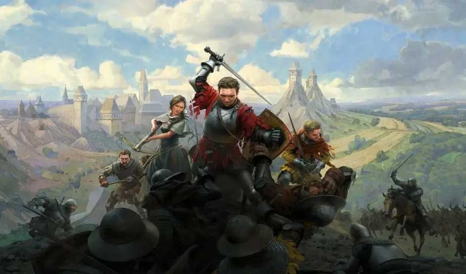 Des chevaliers en armure médiévale se battent sur une colline avec des châteaux et des chevaliers à cheval au loin. Marque : Kingdom Come.