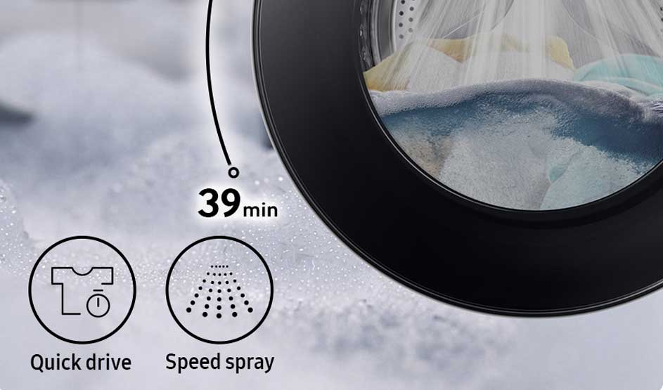 Close-up van een wasmachinedeur met wasgoed en schuim; tekst “39 min” en pictogrammen “Quick drive” en “Speed spray” op lichte achtergrond.