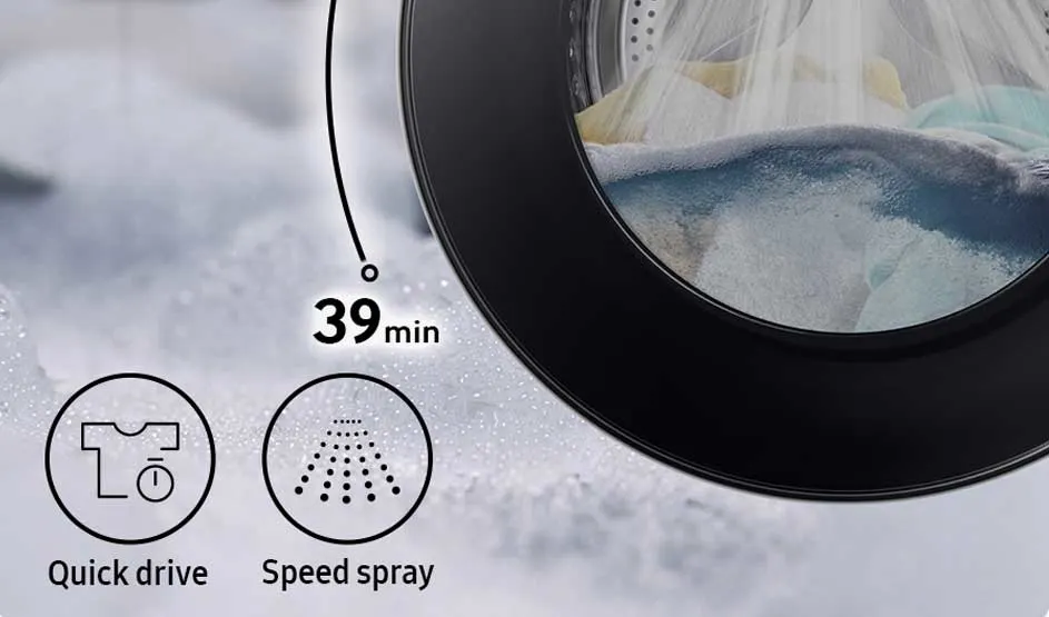 Close-up van een wasmachinedeur met wasgoed en schuim; tekst “39 min” en pictogrammen “Quick drive” en “Speed spray” op lichte achtergrond.