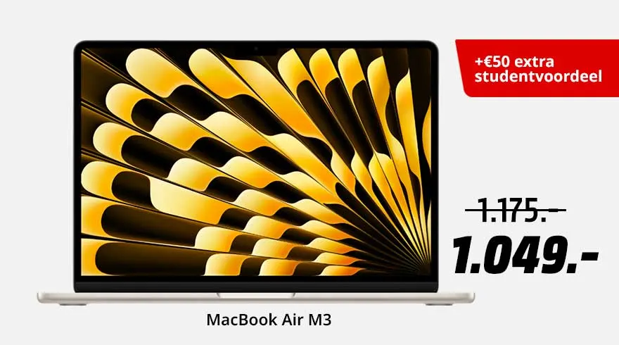 Een MacBook Air M3 met een gouden schermpatroon, afgeprijsd tot 1.049 euro, met een studentenkorting van 50 euro op een witte achtergrond.