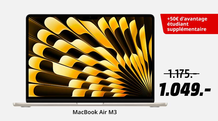 Un MacBook Air M3 affiché avec un fond d'écran abstrait jaune et noir. Un prix barré et un prix réduit sont également visibles.