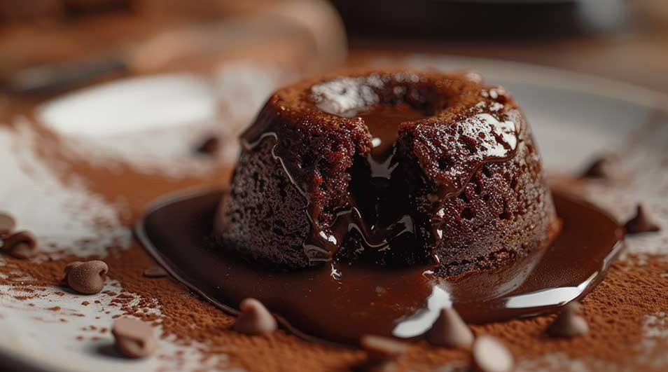 Een chocolade lava cake op een wit bord, gegarneerd met cacaopoeder en chocoladechips. Gesmolten chocolade stroomt eruit.