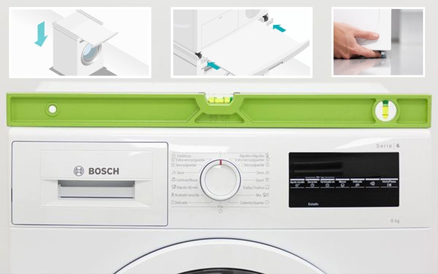 A white Bosch washing machine with a green level on top. Above are installation diagram snippets.