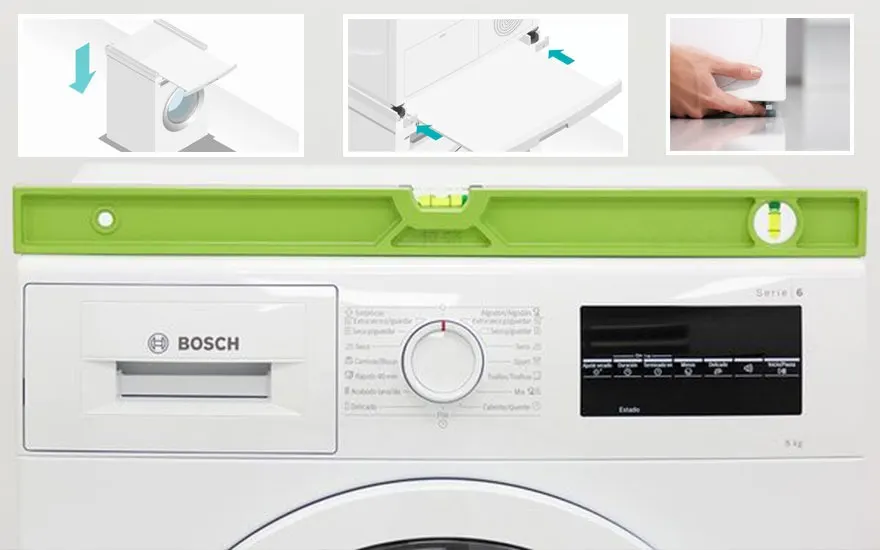 Een waterpas ligt bovenop een witte Bosch wasmachine met een zwart display en een draaiknop. Boven de machine staan instructies.