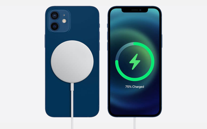 Deux iPhones sur fond blanc. L'un bleu avec un chargeur MagSafe blanc, l'autre affichant 75 % de charge.