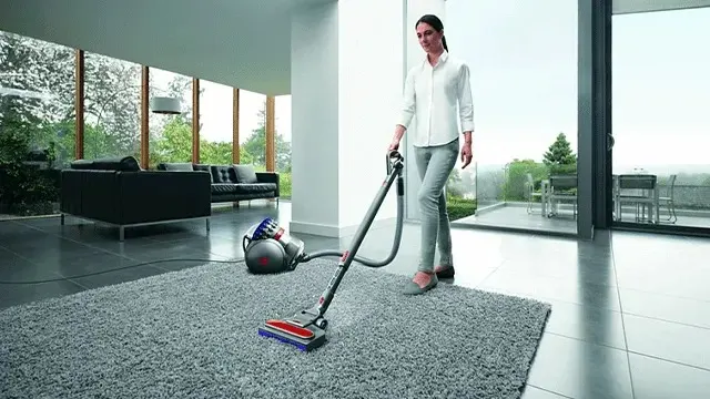 Une femme utilise un aspirateur sur un tapis gris dans une pièce lumineuse. Un canapé et une grande fenêtre sont visibles en arrière-plan.