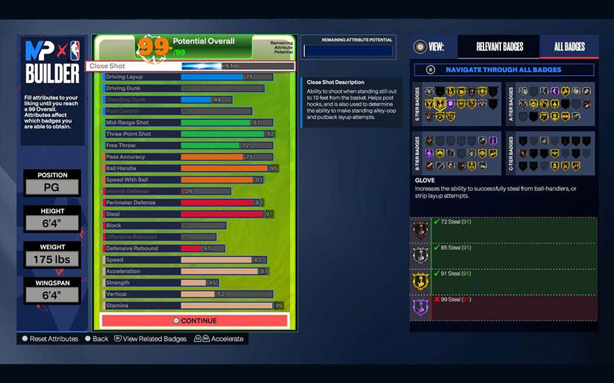 Interface de jeu vidéo affichant des attributs de joueur, des statistiques et des badges sur fond bleu foncé.