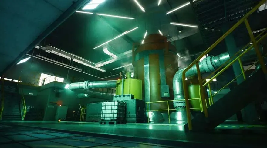 Een industrieel interieur met groene tanks, leidingen en gele trapleuningen onder een fel verlicht plafond.