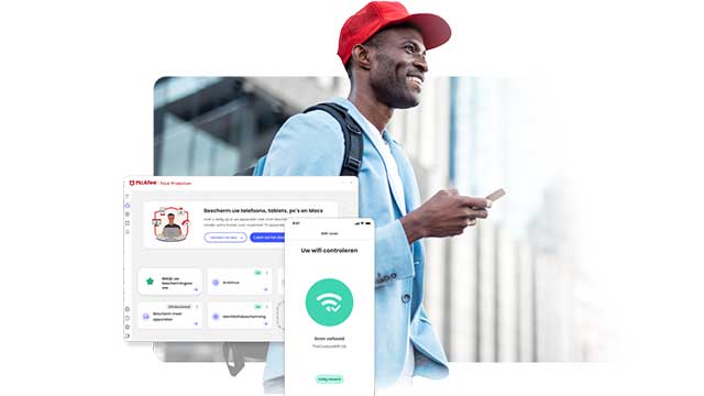 Een scherm met een blauwe website en een telefoon met een groene wifi-logo op een witte achtergrond.