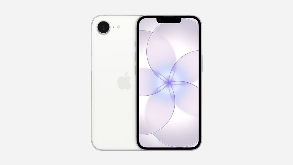 Een slank wit smartphone met afgeronde hoeken, enkelvoudige camera achterop en smal scherm; voorkant toont zacht abstract patroon.