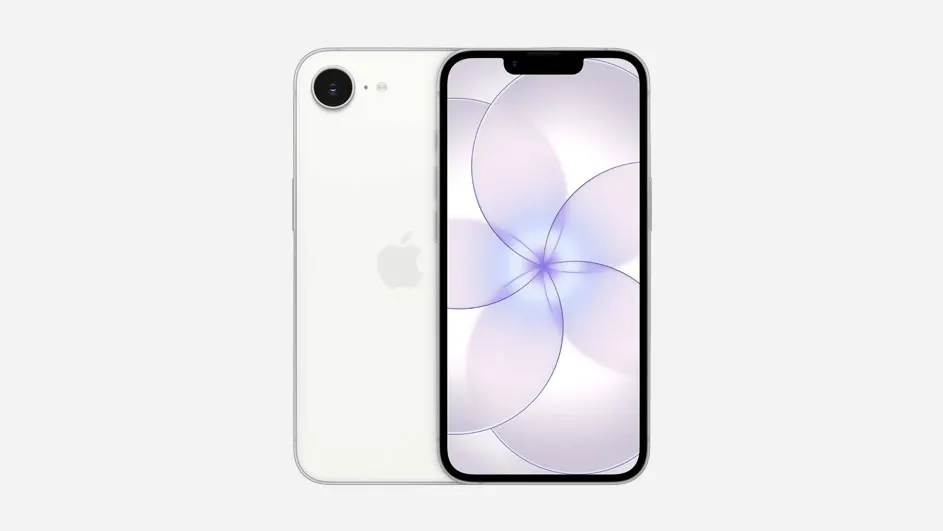 Een slank wit smartphone met afgeronde hoeken, enkelvoudige camera achterop en smal scherm; voorkant toont zacht abstract patroon.