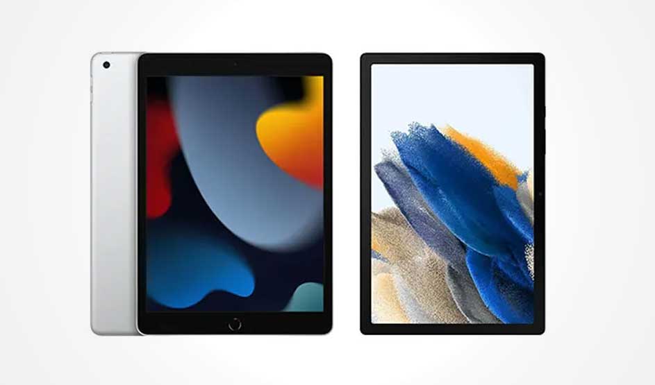 Twee tablets staan naast elkaar op een witte achtergrond. De schermen tonen abstracte, kleurrijke patronen.
