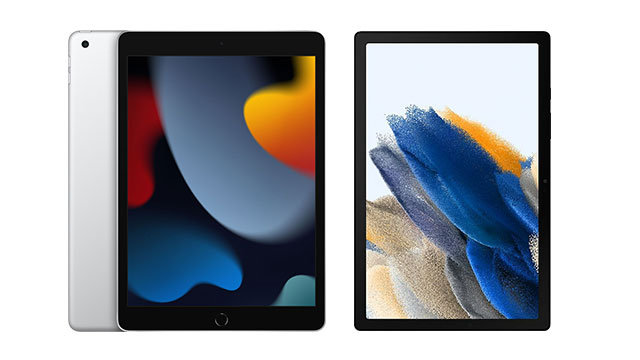 Twee tablets staan naast elkaar op een witte achtergrond. De schermen tonen abstracte, kleurrijke patronen.