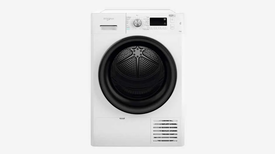 Sèche-linge blanc avec une porte ronde noire au centre. Le tambour intérieur est visible à travers la porte.