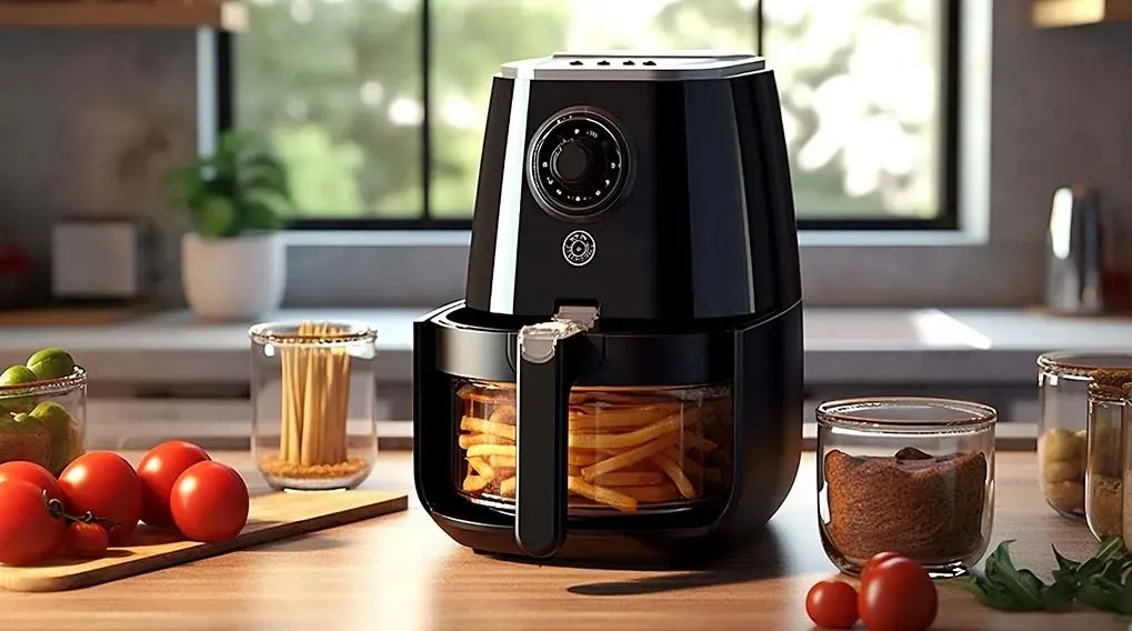 A black air fryer with fries, tomatoes, and jars on a wooden counter in a kitchen setting.