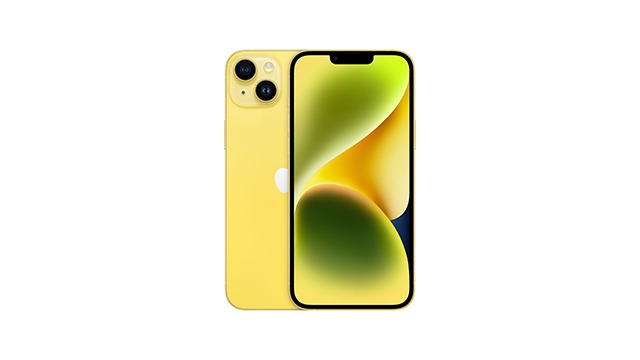 Deux iPhones jaunes sur fond blanc. L'écran de l'un affiche des couleurs vertes et jaunes.