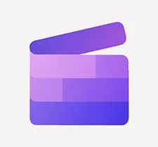 Clap cinéma violet sur fond blanc. La claquette est ouverte, avec un design simple et coloré.