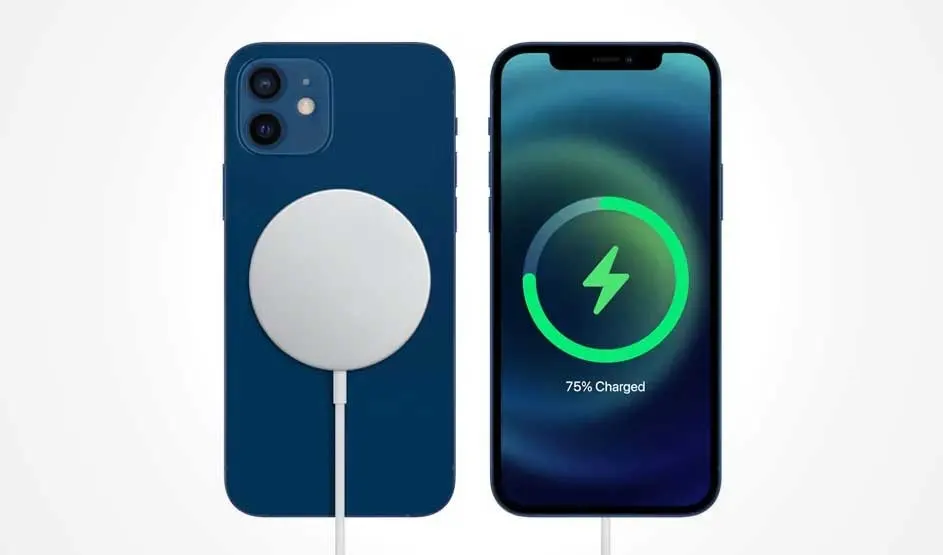 Two smartphones: left shows the back with a round magnetic charger and cable; right shows a green charging ring and “75% Charged” on dark screen.
